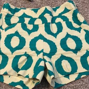 High waisted cream and teal patterned shorts